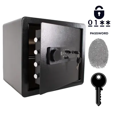 Biometrični sef na prstni odtis, kodo in ključ, 36x40x30 cm, jeklen oklepljen domaci sef z alarmom in polico, črn