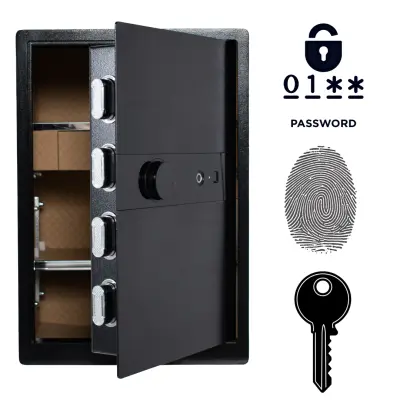 Biometrični sef na prstni odtis 58x40x33 cm, elektronska koda in ključ, jeklena konstrukcija, črn, stenska montaža