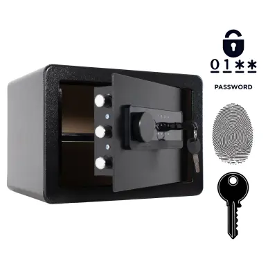 Biometrični sef na prstni odtis, kodo in ključe, jeklen, z alarmom in odstranljivo polico, 25x35x25 cm