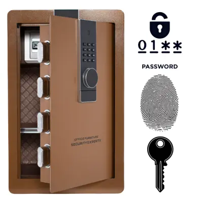 Biometrični sef na prstni odtis 60x38x33 cm, oklepljen domači sef z elektronsko kodo, jeklen, stenski, rjave barve