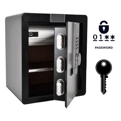 Oklepljen domovni sef z elektronsko ključavnico in ključem, jeklena varnostna blagajna, 45x38x32 cm, črn, s polico in alarmom