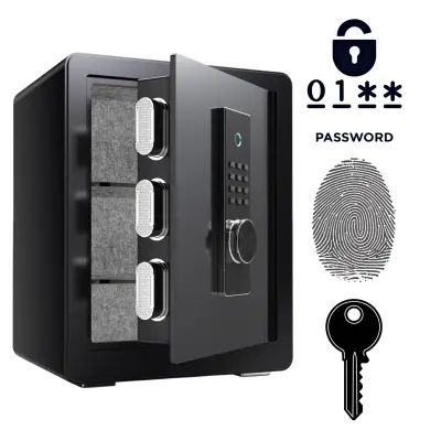 Biometrični sef na prstni odtis in kodo 45x38x30 cm, jeklen domači sef z alarmom, stenska montaža, črn (A5S-45)