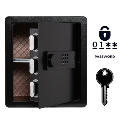 Oklepni domovni sef z elektronsko ključavnico in ključem, jeklena konstrukcija, alarm, 40x36x30 cm, črn, notranjost PU usnje