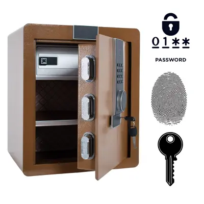 Biometrični sef na prstni odtis 45x38x32 cm, oklepljen domači sef z elektronsko kodo, jeklo Q235, stenska montaža, rjav