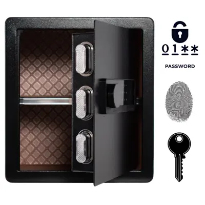 Biometrični sef na prstni odtis, kodo in ključ, 40x36x30 cm, jeklen domovni trezor z alarmom in polico, črn, XA6-40