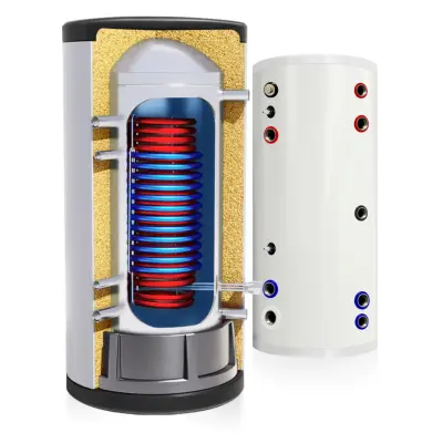 Rezervoar za toplo vodo 400-litrski iz nerjavečega jekla, z dvema tuljavama s površino (1,8 + 3,1) m².