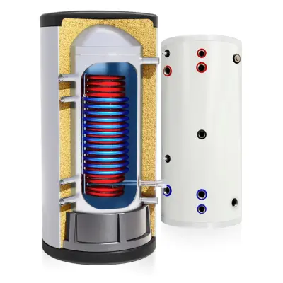 Rezervoar za toplo vodo 300-litrski iz nerjavečega jekla, z dvema tuljavama s površino (1,8 + 2,4) m².