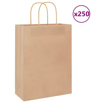 vidaXL Papirnate vrečke 250 kosov z ročaji rjave barve 26x12x35 cm