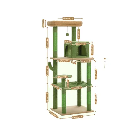 Kaktus mačji drevesni stolp, prostoren 6-nadstropni dizajn, idealen za 4 mačke, AMT0110GN