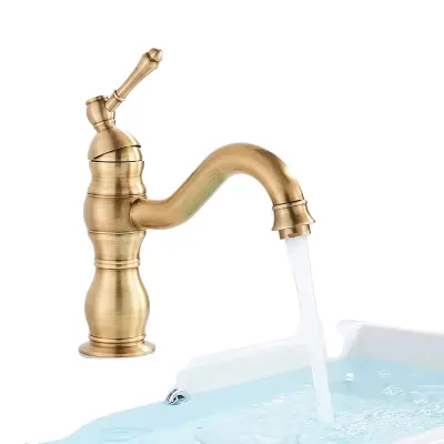 Pipa za umivalnik, montirana na pult, enojna ročica, Antik medenina kratka