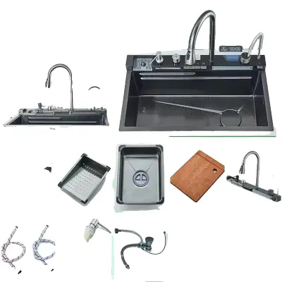 Kuhinjski umivalnik iz 304 nerjavečega jekla, velika velikost, pipa z digitalnim prikazom, 75X46 Set A