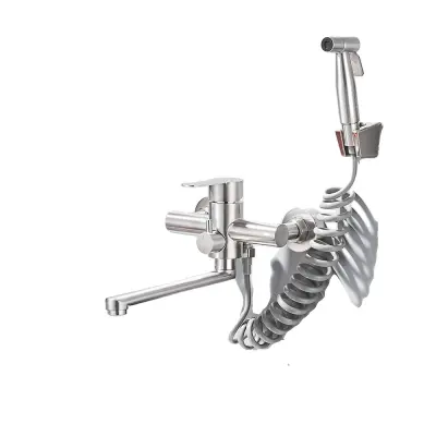 Kuhinjska pipa za montažo na steno, funkcionalnost vroče in hladne vode, trpežna površina iz nerjavečega jekla, Brušeni nikelj A