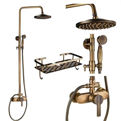 Antik medeninasti tuš pipa komplet, 8-palčni dežni tuš glava, dvojni ročaj mešalnik, D polica