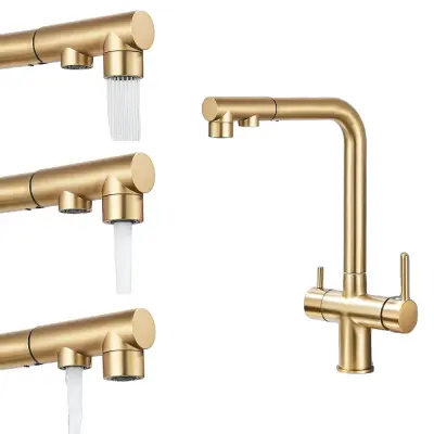 Kuhinjska pipa z dvema izlivoma, možnosti hladne in tople vode, sodoben dizajn iz medenine, brušeno zlato