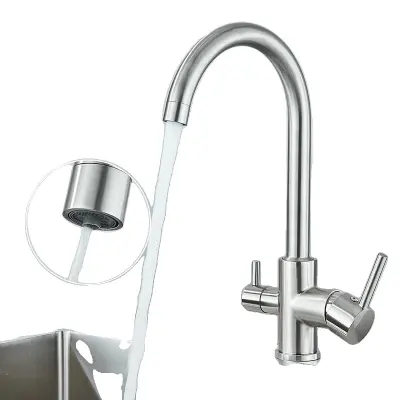 Kuhinjska pipa s 360-stopinjsko rotacijo, vroča in hladna voda, dvojni ročaji, brušen nikelj