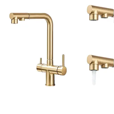 Filtrirana kuhinjska pipa, izvlečna prha, trdna medeninasta konstrukcija, brušena zlata nadgradnja