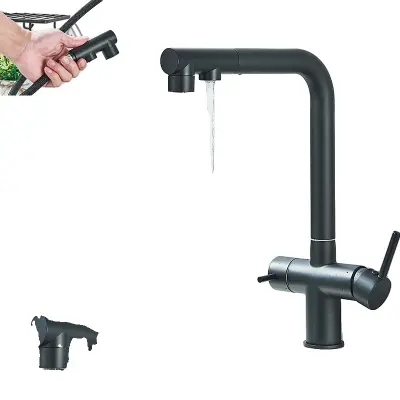 Kuhinjska pipa za filtrirano vodo, dvojna ročica, 360° rotacija, izvlečna prha, mat črna