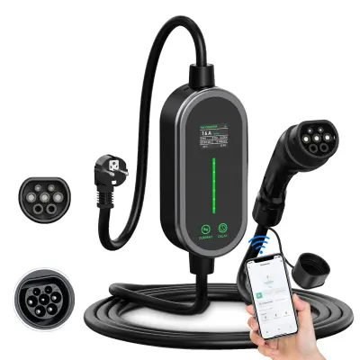 Prenosni EV polnilec, Wi-Fi in Bluetooth nadzor, prilagodljiv tok 6A-16A, Type2 z aplikacijo 5m, TYPE2