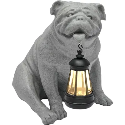 Vrtni kip pes buldog s solarno LED svetilko, dekorativna figura iz smole, vodoodporna zunanja razsvetljava, siva, 34 cm