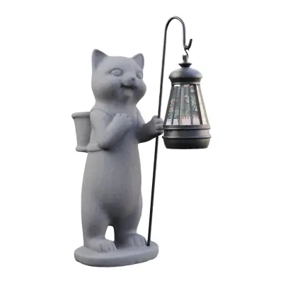 Vrtna figura mačka s solarno svetilko, dekorativni kip iz umetne smole, siva barva, odporna na dež, višina 28 cm