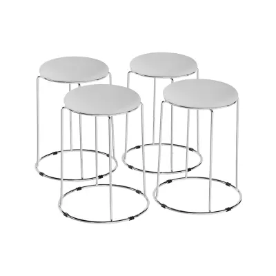 Barski stoli s sedežem iz PU usnja in kovinskim podnožjem, komplet 4 kosi, okrogli, 31x31x47 cm, bele barve