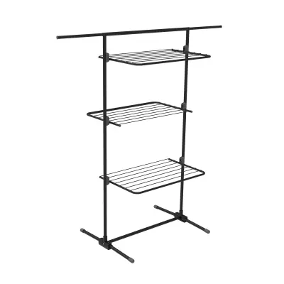 Stoječe sušilno stojalo Triple+ Black Rörets, 70×58×137 cm z zložljivimi policami in 16 m vrvi.