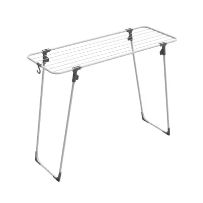 Sušilno stojalo Nano Rörets, 43×110×85 cm, kompaktno s kavljem, z blokirnimi nogami in 9 m sušenja.