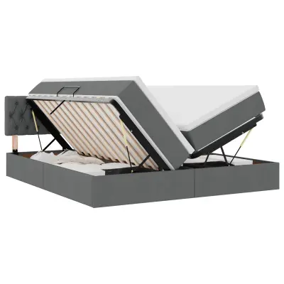 vidaXL Postelja z LED lučmi z vzglavjem Temno siva 200 x 200 cm blago