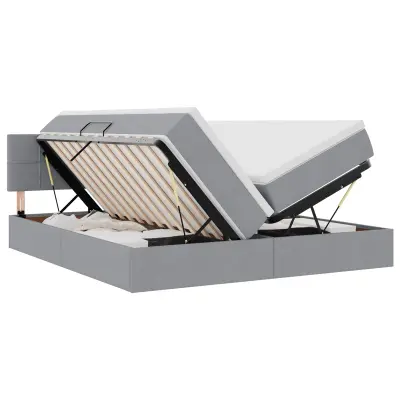 vidaXL Postelja z LED lučmi z vzglavjem Svetlo siva 200 x 200 cm blago