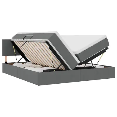 vidaXL Postelja z LED lučmi z vzglavjem Temno siva 200 x 200 cm blago