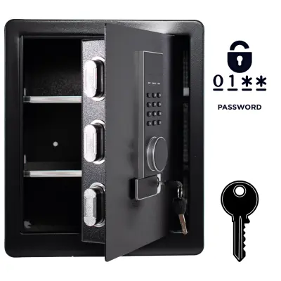 Oklepljen domači sef z elektronsko ključavnico in ključem, 45x38x30 cm, jeklen varnostni sef z alarmom, črn, A5S-45