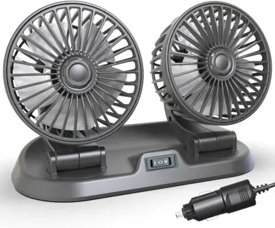 Avtomobilski ventilator 12 V z dvojno glavo, vrtljiv za 360°, 2 stopnji hitrosti, močno hlajenje in enostavna namestitev