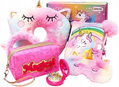 Komplet blazine in dnevnika s samorogom, 6-delni set s potovalno blazino, dnevnikom s ključavnico in dodatki za deklice