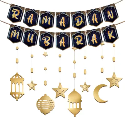 Set okraskov za ramadan in Eid Mubarak, zlate girlande z zvezdami in lune ter viseči napisi, komplet 10 kosov, črno-zlat