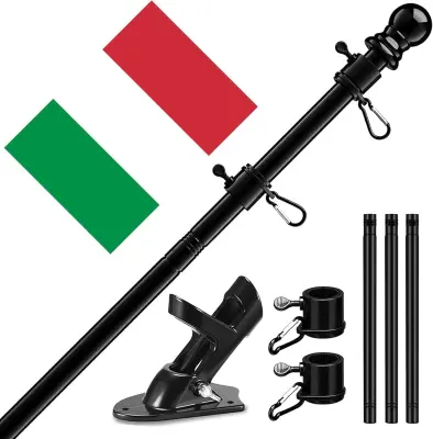Drog za zastavo 150 cm, nerjaveče jeklo, črn, z italijansko zastavo 150x90 cm, nastavljiv nosilec in stenska montaža