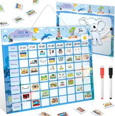 Magnetna tabla za otroke in tedenski planer Montessori s 216 magneti, komplet za načrtovanje in učenje organizacije, modra