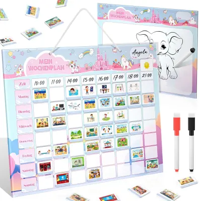 Magnetna tabla za načrtovanje in tedenski planer Montessori, motiv samorog, 216 magnetov za otroške dejavnosti in rutino