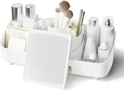 Organizator za ličila KOSEYA 360-stopinjski rotacijski z ogledalom, 5 prekatov, kremno bel kozmetični organizator