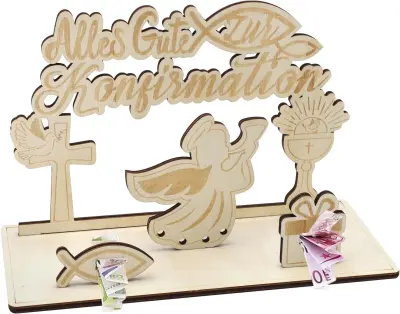 Leseni angel za darilo za birmo, stojalo za denar s križem in verskimi motivi, masivni les, 25x11x11 cm, unikatno darilo