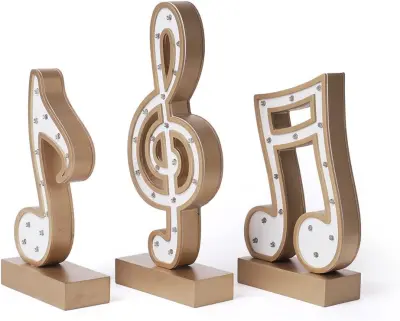 LED namizna dekorativna svetilka Glasbena nota, zlata, moderna nočna lučka iz MDF lesa za stilski dom, 3-delni set, 29 cm