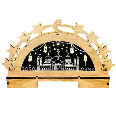 Ramazanska LED svetilka lesena 3D luna in zvezde dekoracija Eid Mubarak, namizna ali viseča lučka za praznično vzdušje