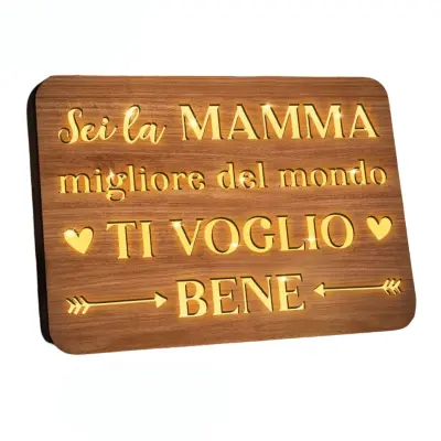 Lesena tablica z osvetlitvijo Darilo za mamo, orehov les, topla bela LED lučka, USB napajanje, dimenzije 22 x 16 cm