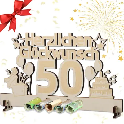 Leseno darilo za 50. rojstni dan s prostorom za bankovce, lasersko gravirano, dekorativna lesena tablica, 30x16,5 cm