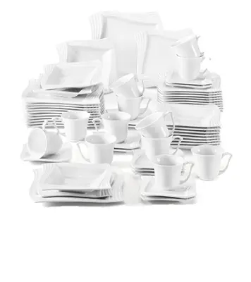 Porcelanski jedilni set za 12, primeren za mikrovalovno pečico in pomivalni stroj, eleganten kvadratni dizajn, 60-delni