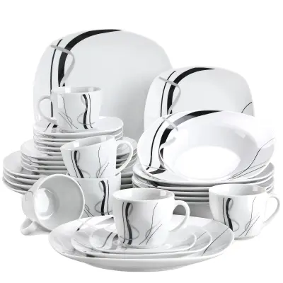 Porcelanski set jedilnega pribora, eleganten dizajn črne linije, okolju prijazen material, 30-delni