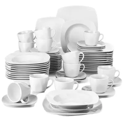Porcelanski jedilni set za 12, minimalističen dizajn, trpežen in primeren za mikrovalovno pečico, 60 kosov