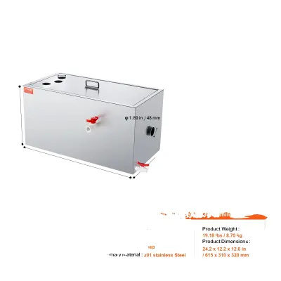 Lovilec maščobe, zasnova z zgornjim vhodom, konstrukcija iz nerjavečega jekla, 25LBS13GPM