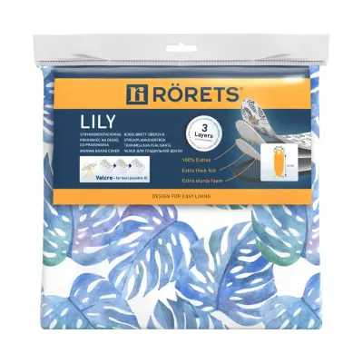 Prevleka za likalno desko Lily Rörets, 32×112 cm, 3‑slojna prevleka z ježkom in sponkami, bombaž Oeko‑Tex.