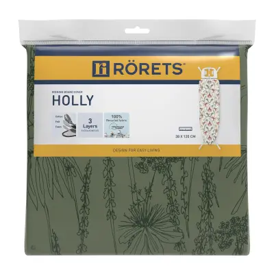 Prevleka za likalno desko Holly Rörets, 40×120 cm, 3‑slojna prevleka z ježkom, sponkami in bombažem Oeko‑Tex.