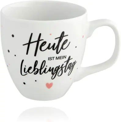 Porcelanska skodelica Jumbo 0,45 l, bela z napisom Heute ist mein Lieblingstag, primerna za mikrovalovno pečico in pomivalni stroj